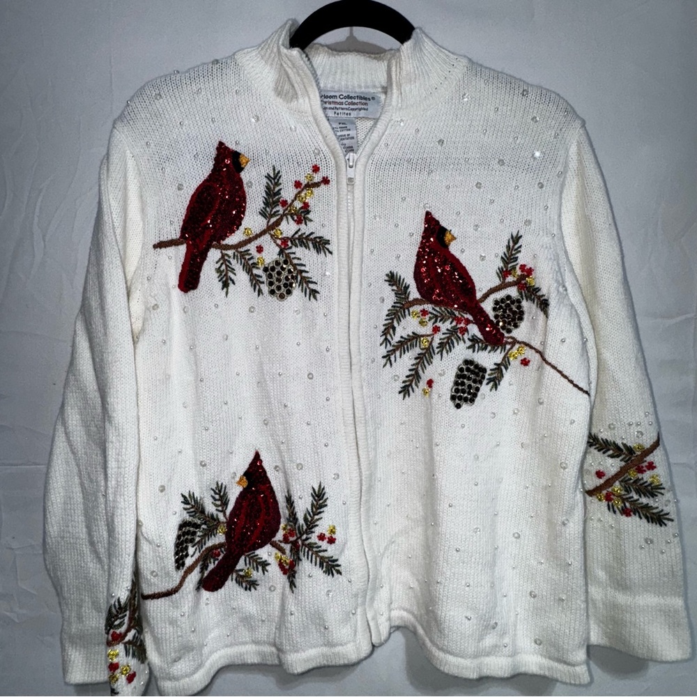 Tiara‎ International Sweater Jacket  Cardinals Beaded Sequins Women XL Petite